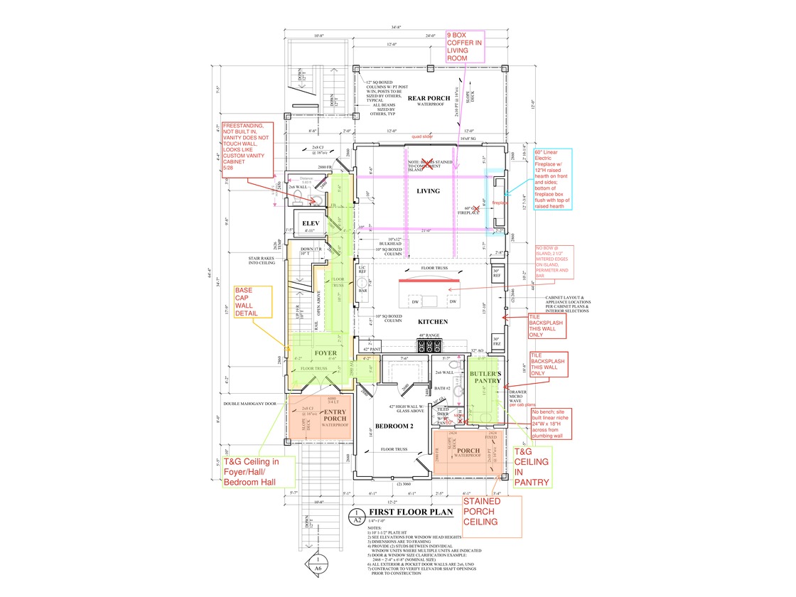 First floor plan marked up with ceiling, trim, and cabinetry direction